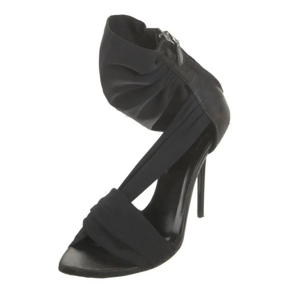 Versace Authentic Genuine Leather Solid Black High Heel Sandals 5